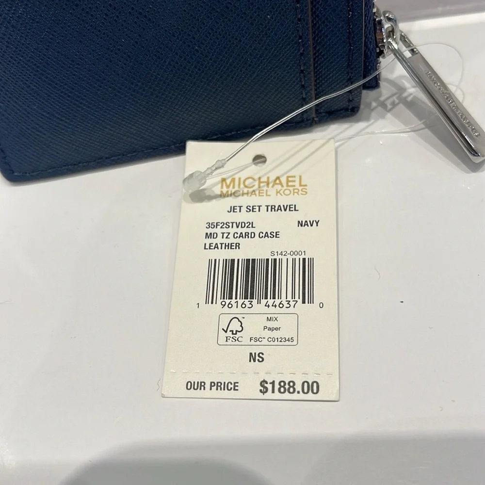 Michael Kors Jet Set Travel Medium Leather Card Case Navy Silver NWT